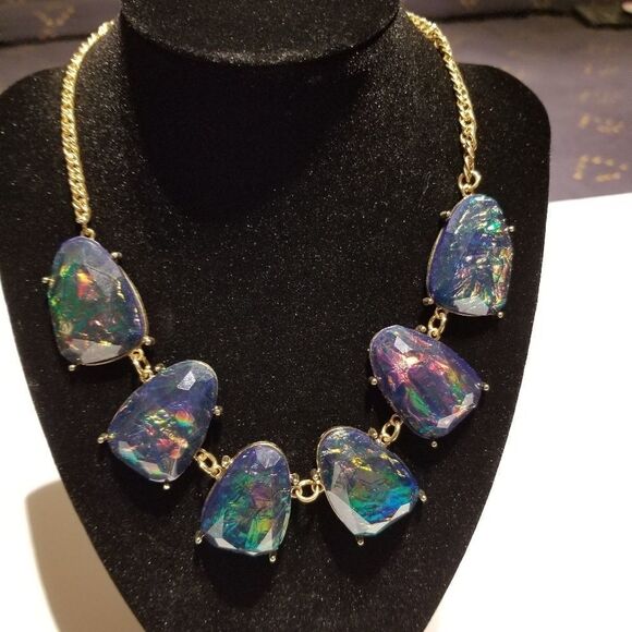 Aurora Borealis Statement Bib Pendant Necklace Blue Gold Tone Adjustable Chain - Picture 2 of 7